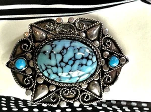 Vintage handgemachte Sterlingsilber Türkis Brosche Brosche Skiathitis Griechenland - Bild 1 von 6