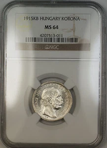 1915-KB Hungary Silver Korona Coin NGC MS-64 (A) - Picture 1 of 2