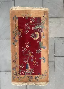 art deco Chinese rug 4 x 2 wool, vintage red/gold - Picture 1 of 10