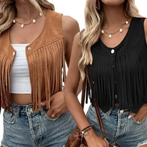 Women Sleeveless Tassels Vest Hippie Faux Suedes Fringe Jackets Cardigan Outwear - Picture 1 of 18