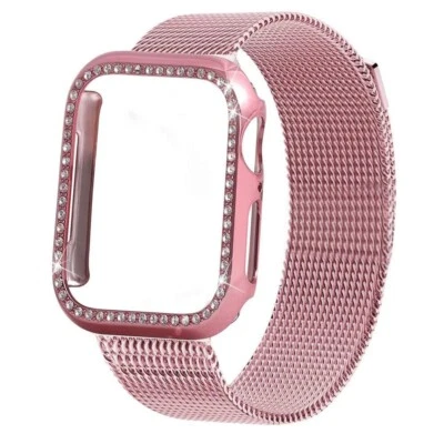 SUPK&M For Apple Watch Series Ultra 2/10 9 8 7 6 5 SE Magnet Metal Loop Band+Bling Case