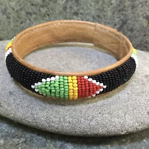Vintage Indianer Hand Perlen Leder Saatperlen Armband - Bild 1 von 10