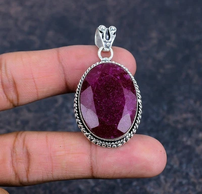Lab-Created Ruby Gemstones Handmade 925 Solid Steling Silver Jewelry Pendant - Image 1 of 4