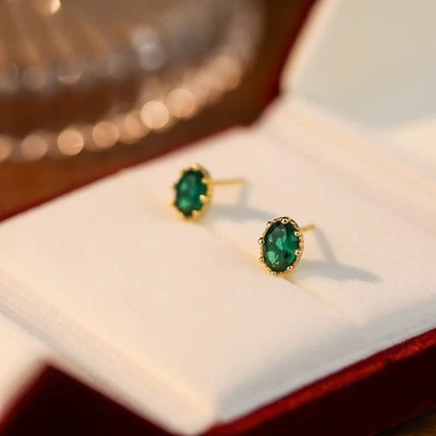 Dainty Baguette Cut Tiny Emerald 18K Gold Plated Silver Claw Post Stud Earrings - Image 1 of 4