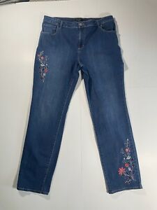 Susan Graver Jeans Womens 16 High Rise Stretch Embroidered Floral Boho