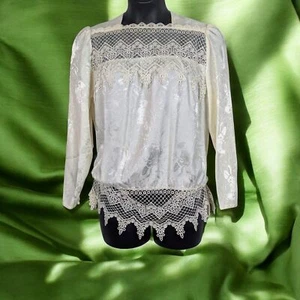 Vintage viktorianischer Satin Blumen-geprägter Spitze Blouson Top maximalistisch einzigartig groß - Bild 1 von 7