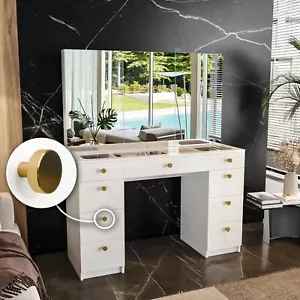 Vanity Makeup Table w/ Glass Top, Mirrors Cabinet, 9 Drawers, Gold Knobs, White - Picture 1 of 6