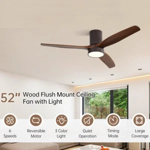 52 inch Flush Mount Ceiling Fans with Lights & Remote Solid Wood Fans Fr Bedroom - Picture 1 of 20