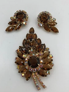 VINTAGE JULIANA Amber Topaz & AB Rhinestones Brooch Earring Set 1960s Retro - Picture 1 of 12