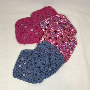Crocheted Square Coasters 100% Cotton  Handmade Pink & Blue  4" ~ Set of 6 - Picture 1 of 4