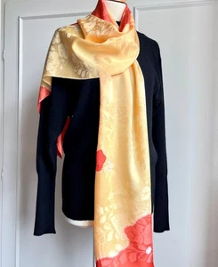 GROSSES GELB ORANGE SEIDENTUCH; KIMONO BLUMEN SATIN DAMAST; S76; 2M X 37CM - Bild 1 von 12