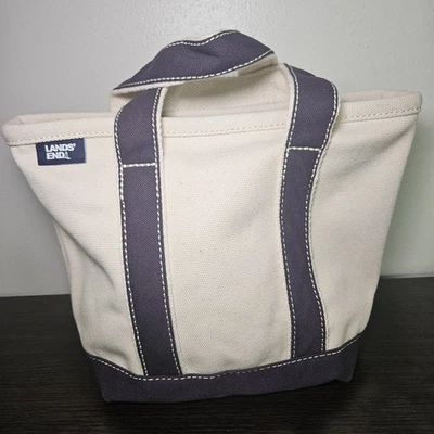 Lands End Tote Canvas Double Handle Natural Navy Zippered Top Small Key Hook - Image 1 of 4