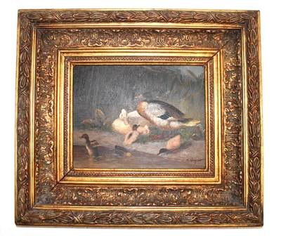 außergewöhnliches Ölgemälde Entenfamilie am Teich Ölbild Signiert M Wagner - Bild 1 von 4