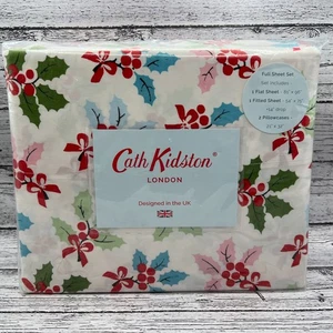 Cath Kidston 4pc Full Sheet Set Christmas Holly Flat/Fitted/2 - Pillowcases - Picture 1 of 7