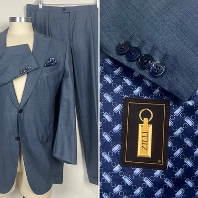 ZILLI Paris Postal Blue Pinstripe Wool & Silk Custom Suit 48R Pants 41x29 Italy - Image 1 of 4