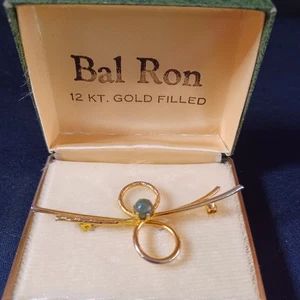 Vintage BAL RON 12k Gold Filled Brooch / Pin with Jade Stone - Picture 1 of 2