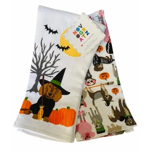 Set asciugamani da cucina nuovi con etichette Halloween bassotto Doxie cucciolo cane costume cani francese - Foto 1 di 2