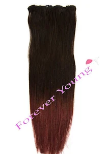 Clip-in Dip Dye Ombre Remy Human Hair Extensions Natural Black to Plum Red - Picture 1 of 1