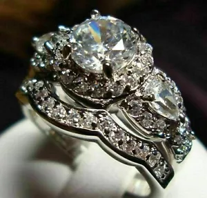 3.Ct Natural Moissanite Engagement Wedding Bridal Ring Set 14k White Gold Finish - Picture 1 of 4