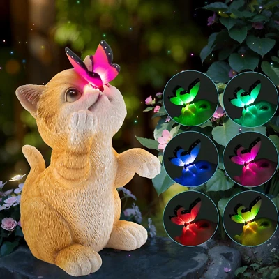 Solar Cat Garden Statue, Resin Outdoor Statues with Butterfly Changing Light, - Image 1 of 4