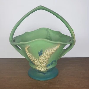 12in Roseville Pottery Green Basket Foxglove Shape 375-12 Vase - Picture 1 of 5