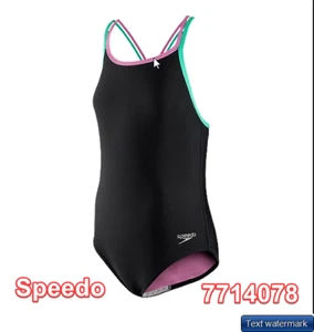Speedo Girls' Crossback One Piece Swimsuit Black /Green/Purple 12 - Picture 1 of 3