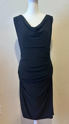 Ralph Lauren Midi Dress Career Staple Black Stretch Ruched Travel Office Size 12 - Image 1 of 4