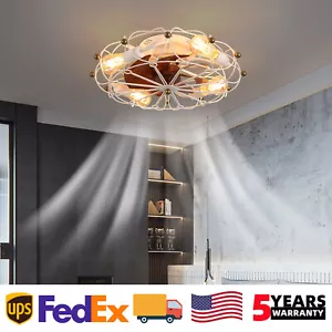20 inch Ceiling Fan Light Farmhouse White Caged Flush Mount w Remote Control Kit - Picture 1 of 9