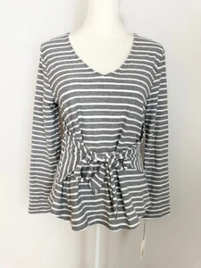 A New Day Womens Knit Top Size S Gray White Striped V Neck Front Tie Long Sleeve - Picture 1 of 15
