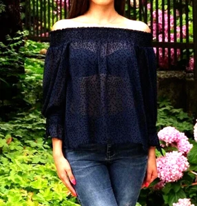 BNWT ZARA BLUE SHEER & VELVET POLKA DOT FLOCK OFF SHOULDER BLOUSE M 0387/055/401 - Picture 1 of 14