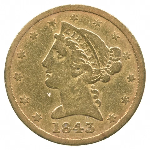 1843 $5 Liberty Head Gold Half Eagle *2508 Cover