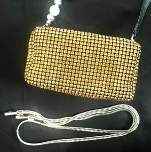 New Stunning Gold Rhinestone Mesh Evening Bag With Silver Chain Shoulder Strap - Picture 1 of 4