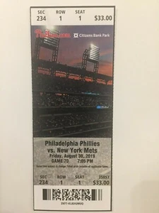 PHILADELPHIA PHILLIES VS NEW YORK METS 30 AGOSTO 2019 BIGLIETTO STUB - Foto 1 di 1