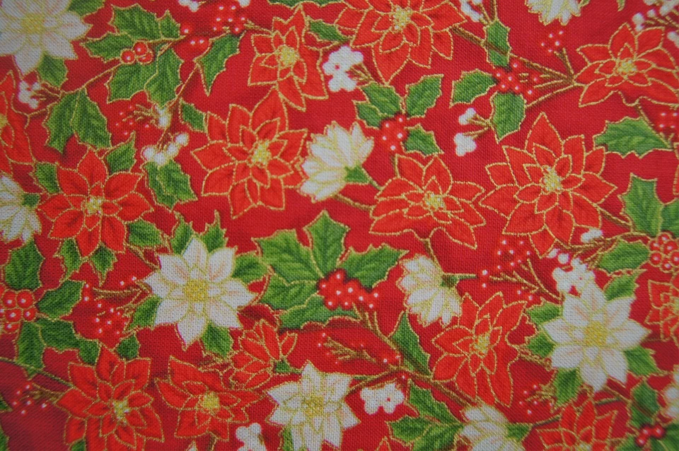 2 Yards Red  White  Poinsettias  Cotton Quilting Fabric 74" X 44" - Image 1 of 2