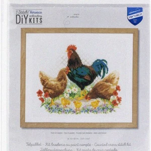 "Farmyard Friends Cross Stitch Kit - Rooster and Chickens Design, 14 Count, 12.8 - Picture 1 of 5