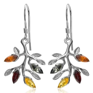925 Solid Sterling Silver Multicolor Baltic Amber Marquise Leaves Hook Earrings - Picture 1 of 4