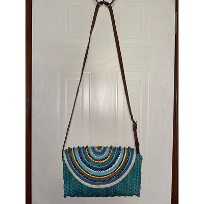 Bolso Bandolera Sun N’ Sand Mujer Paja Azul Boho Cuentas 12X9X2 Foto 1 de 4