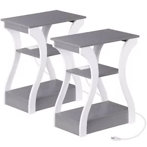 2PCS 3 Tier End Table w/ USB & Charging Station Storage Shelf for Living Room - Picture 1 of 24