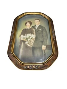 Antique Convex Wooden Frame Couple 12x18 Bride & Groom Photo Inside Beautiful - Picture 1 of 11