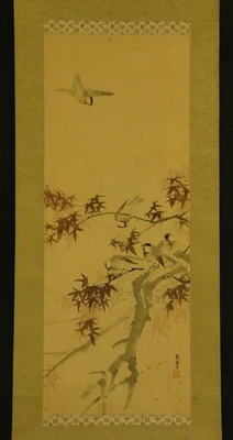 ARTE DE ROLLO COLGANTE JAPONÉS Pintura "Pájaros y hojas rojas" Asiática antigua #E8847 Foto 1 de 4