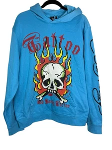 Ed Hardy Flame Skull Hoodie Jewel Blue Red Orange Mens Large Tattoo Y2K NWT - Picture 1 of 4