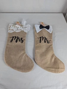 Cracker Barrel Mr and Mrs Burlap Christmas Stockings Wedding Lace Bow Tie - Picture 1 of 4