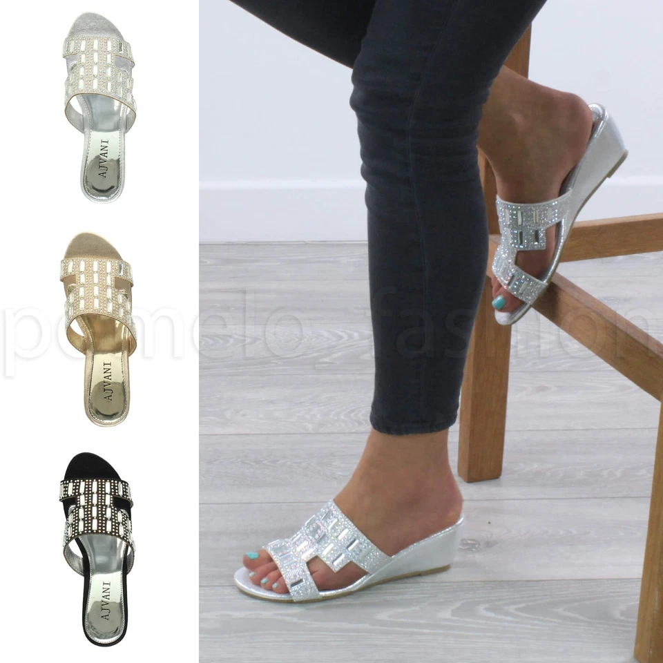 WOMENS MID HEEL WEDGE BRIDAL PROM WEDDING DIAMANTE MULES SANDALS SHOES SIZE - Image 1 of 1