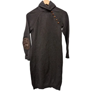 Vintage LAUREN Ralph Lauren Sweater Mini Dress Black Brown Leather Elbow Patches - Picture 1 of 5
