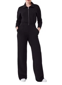 SPANX AirEssentials Long Sleeve Zip Front Wide Leg Jumpsuit Black Size 1X Petite - Picture 1 of 6