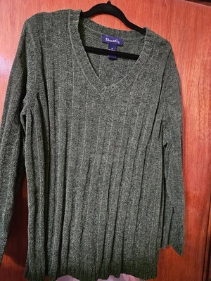 Denim & Co. Chenille High V-Neck Ribbed Sweater 2X, Dark Green - Image 1 of 4