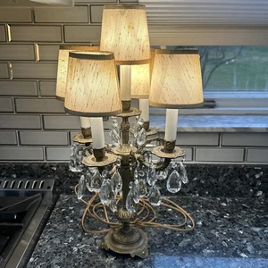 Antique French Brass and Crystal Five Light Girandole Chandelier Lamp - Picture 1 of 20