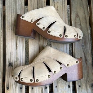 Zueco Chloé Mula Plataforma Madera Tacón Quinty Tachonado Tostado Gamuza Cuero EU 40 US 9.5 - Imagen 1 de 17