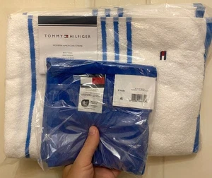 New Tommy Hilfiger White Striped Bath Beach Towel Electric Blue Wash Cloth Set - Picture 1 of 8