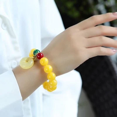 Baltic Amber Yellow Bead Bracelet With White Amber Pendant Jewelry For Men Women — 第 1/4 张图片